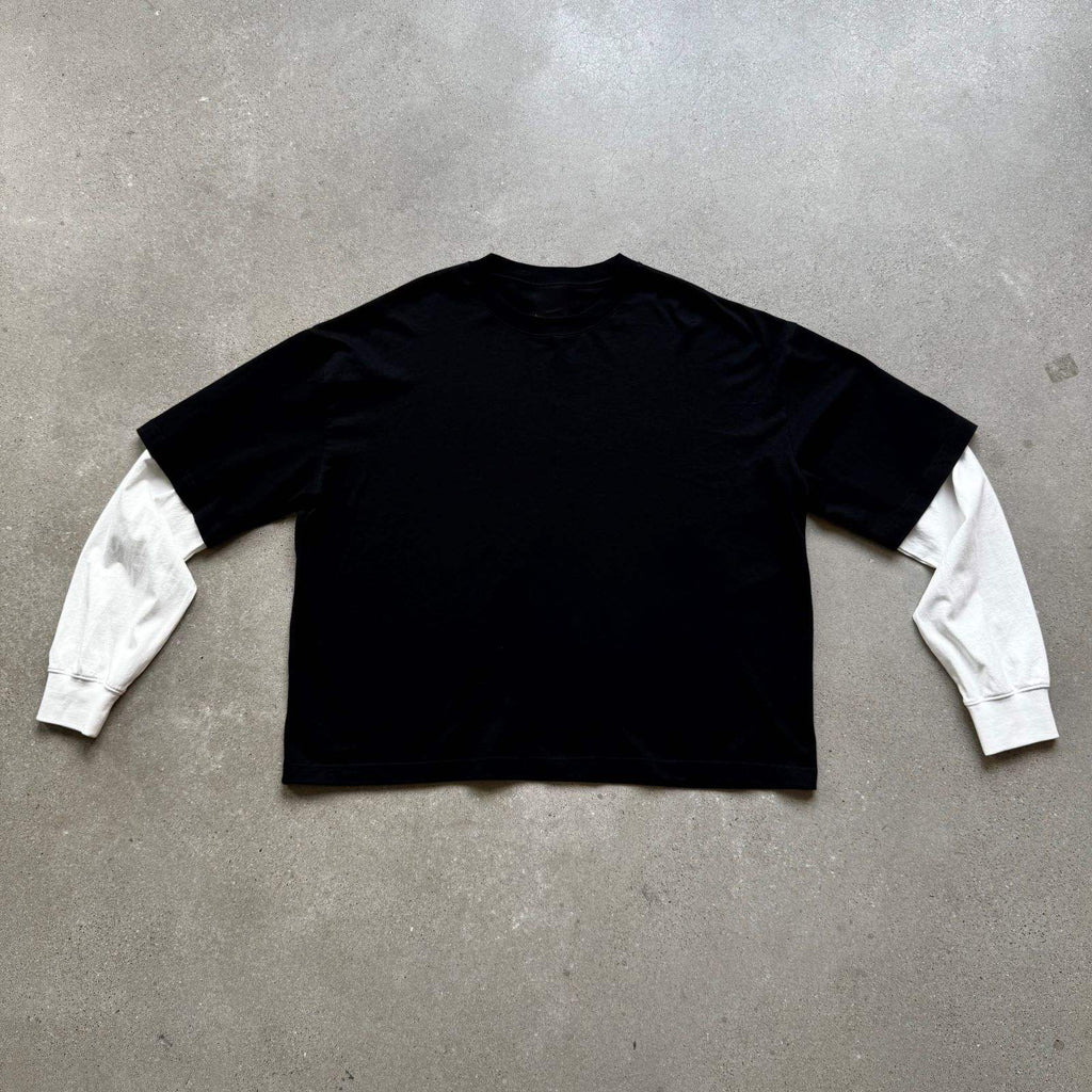 280G Manfacutrer OEM ODM Logo Cotton Oversized Washed Blank Men's Two Piece Spliced Double Layer Long Sleeve Boxy T-shirt