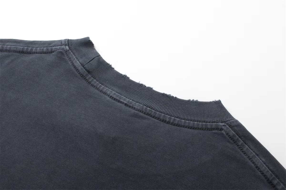 OEM Custom DTG Print T-Shirt Vintage Cotton Ripped Long Sleeve Top Distressed Stone Acid Wash T Shirt for Men