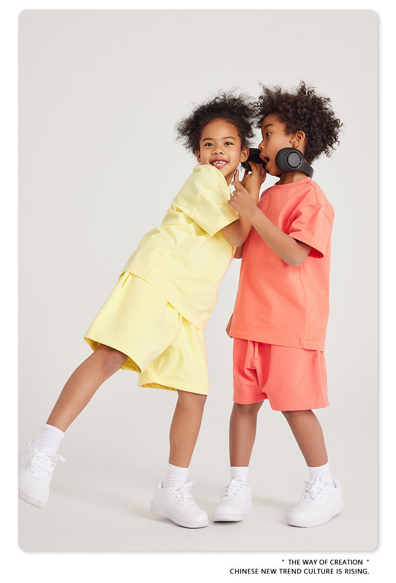 Hot Kids Street Wear Unisex Oversized Boxy T-Shirt Custom LOGO 100% Cotton Loose Hem Short Sleeve Kids Drop Shoulder Top