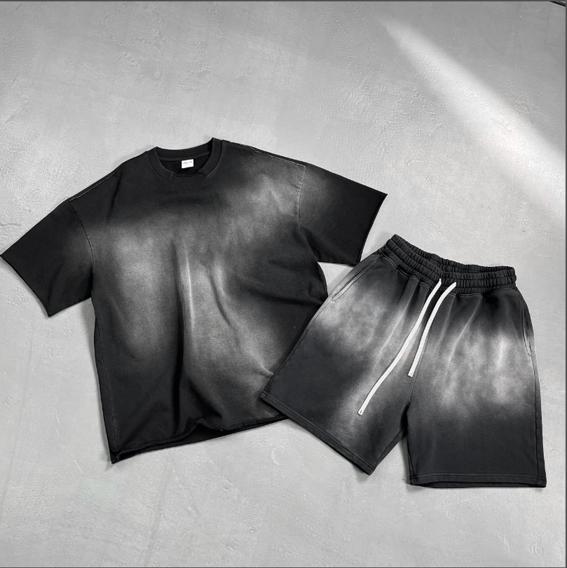 OEM Summer Vintage Casual Breathable Terry Spray-dye Washed Lightly Brushed Short Sleeves Shorts Couple Loose Suit 2 Pieces Rew Cut