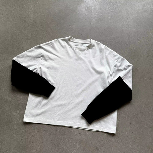 280G Manfacutrer OEM ODM Logo Cotton Oversized Washed Blank Men's Two Piece Spliced Double Layer Long Sleeve Boxy T-shirt