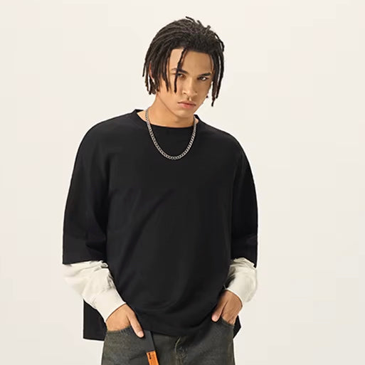280G Manfacutrer OEM ODM Logo Cotton Oversized Washed Blank Men's Two Piece Spliced Double Layer Long Sleeve Boxy T-shirt