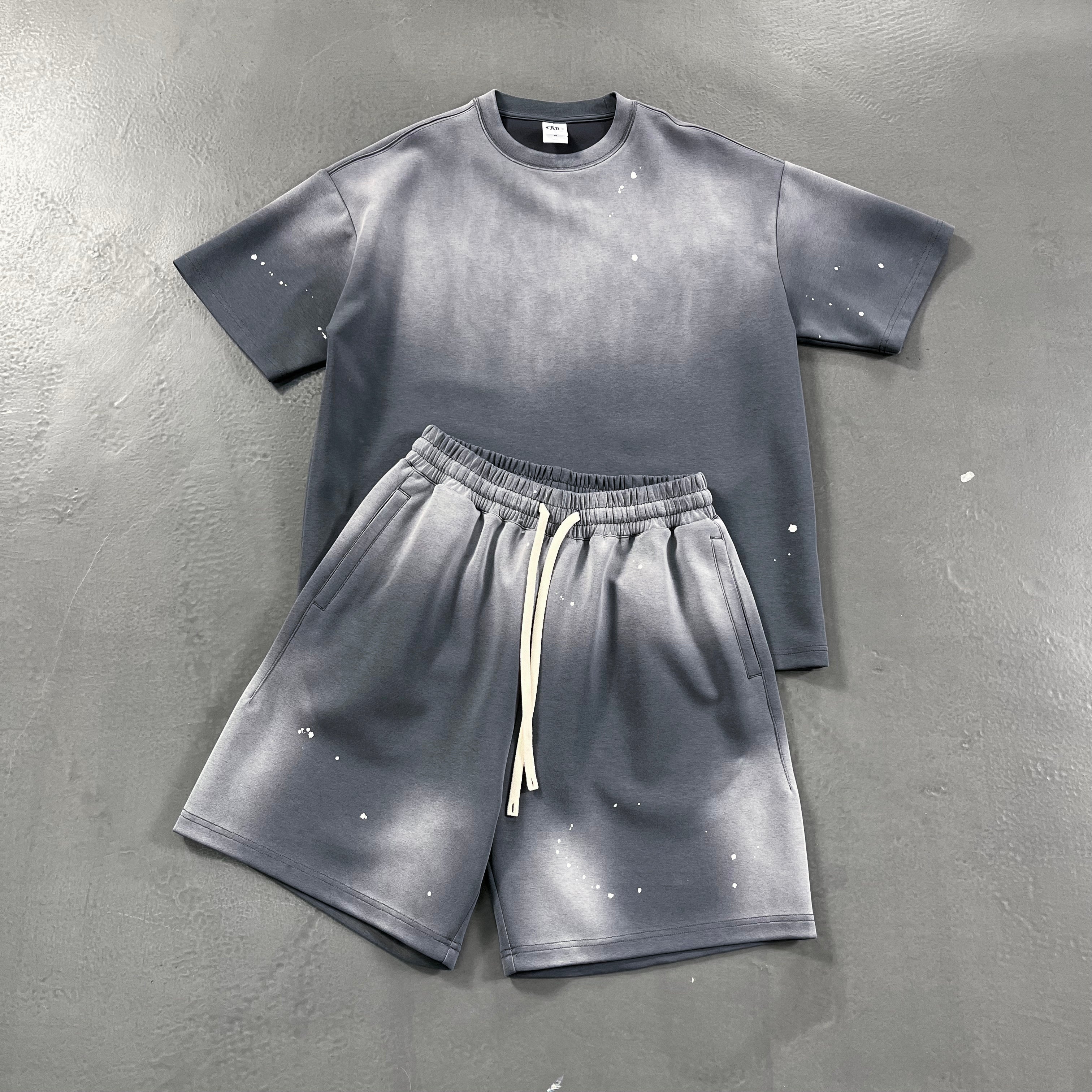 OEM Distressed Unisex Vintage Tee Acid Wash T Shirt Short Set Men's Unisex Women's Vintage Casual Style Plain Blank Tee Tracksuit