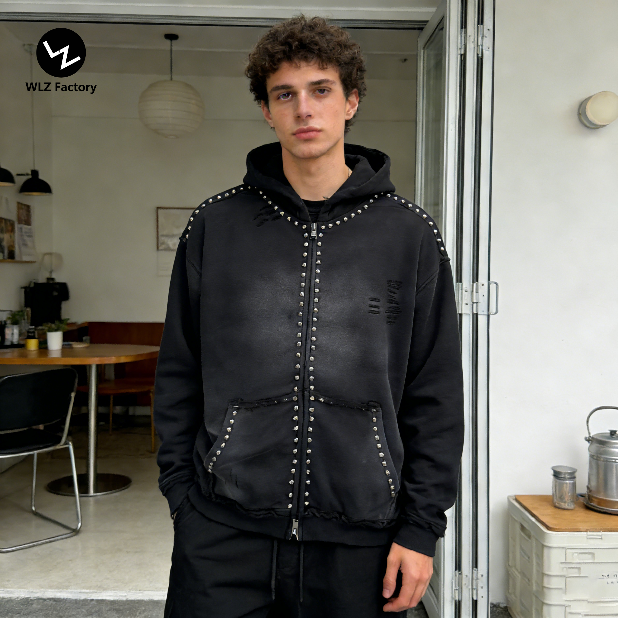 OEM Custom Men's French Terry Hoodies Zip-up Rivet Stud Detail Solid Pattern for DTG Brand