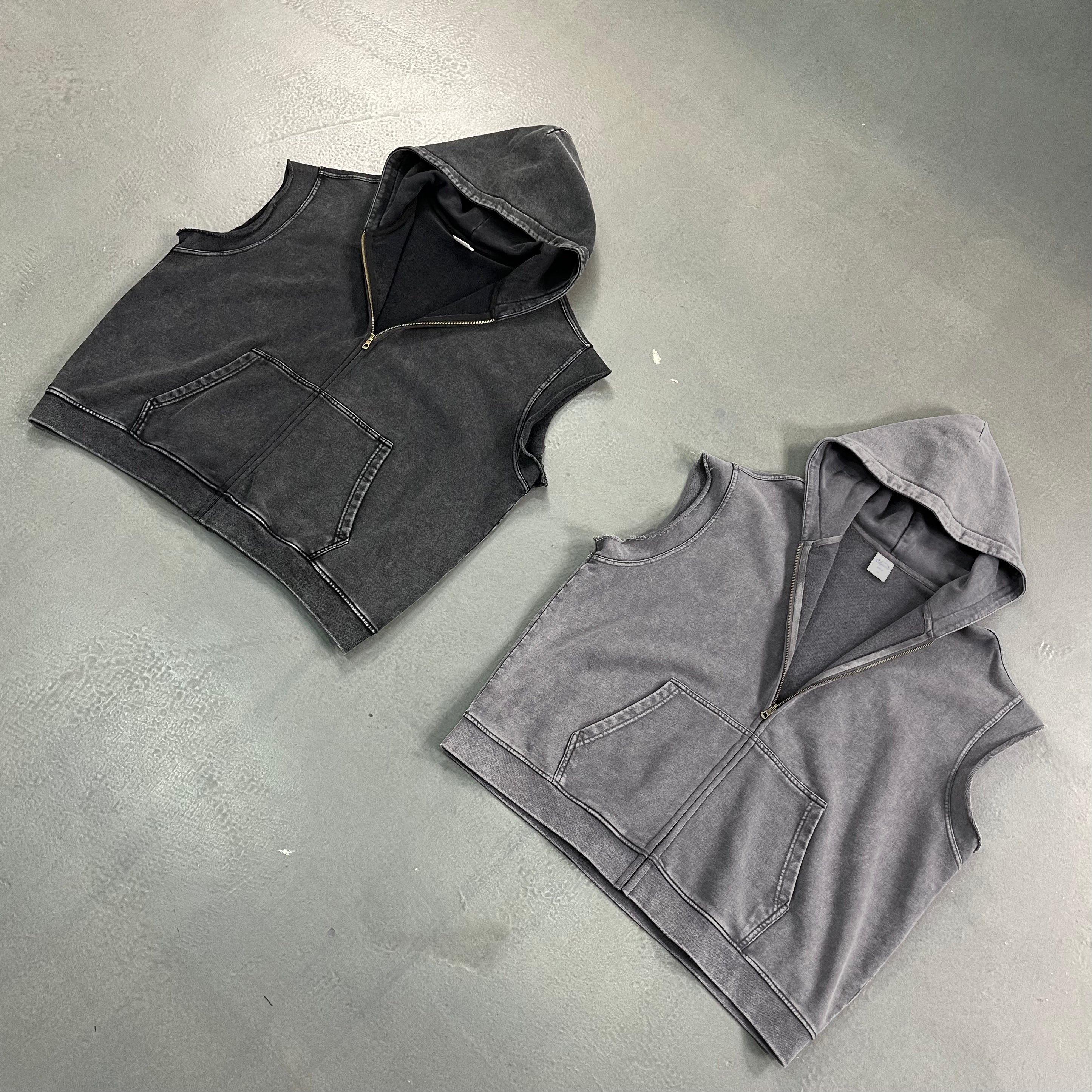 Retro Zipper Vest Men's Street Sleeveless Sweatshirt Fading Pickled Sweatshirt